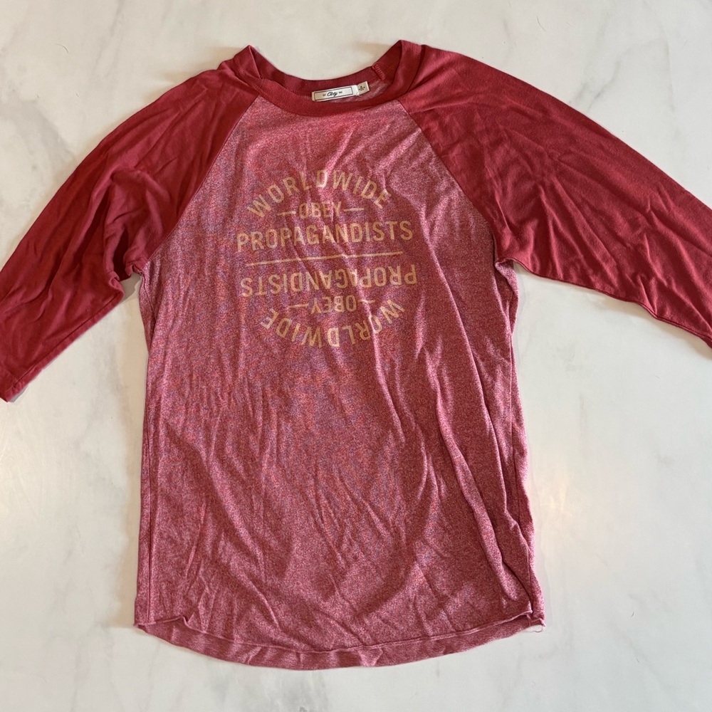 Obey Red Raglan Tee with Gold Print